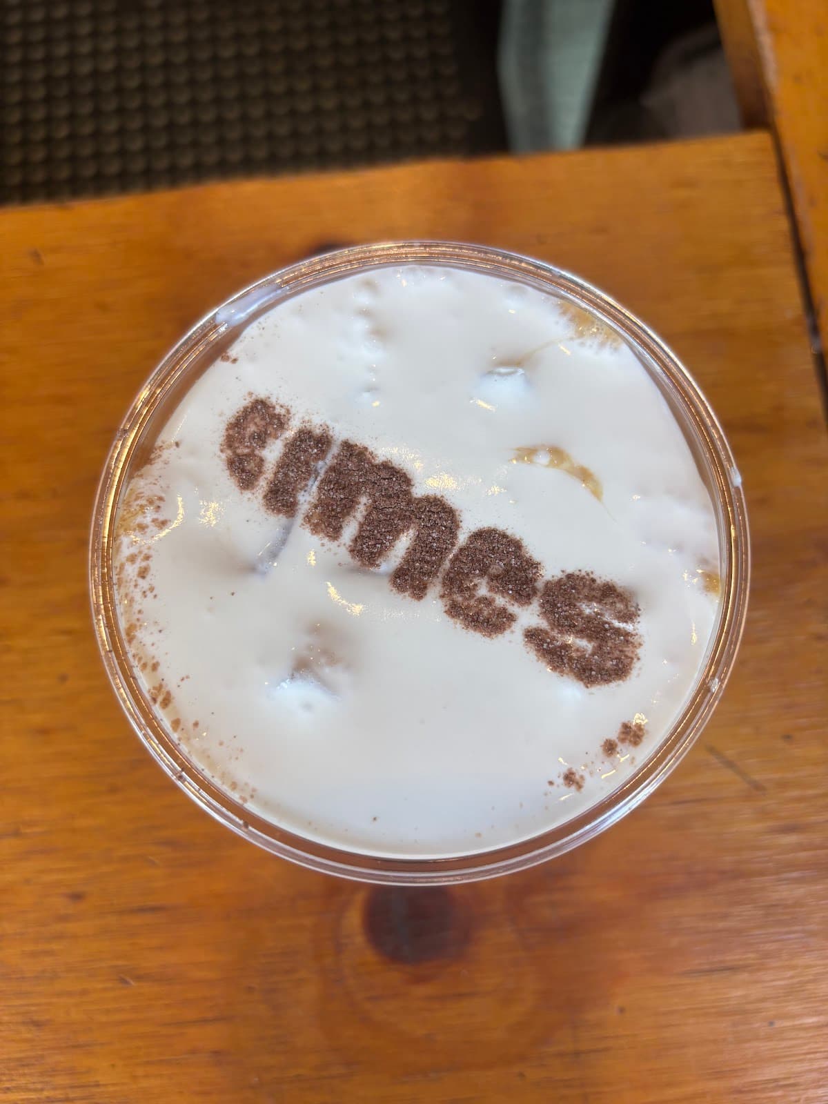 "ames" stencilled in cocoa on the foam of a flat white